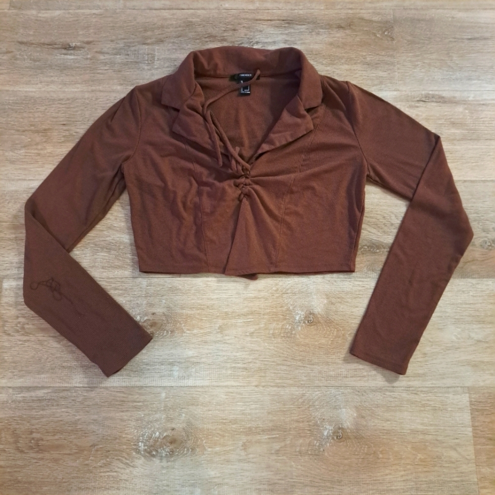 Forever21 Brown Long Sleeve Ribbed Crop Top Women's Size Large